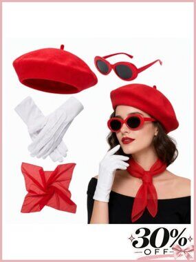 French Costume Set Red Beret Hat Scarf Gloves Sunglasses